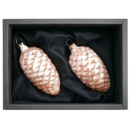 2er Set Zapfen aus Glas mit 6cm Durchmesser in Champagner matt und Glitter in schwarzem Naturkarton