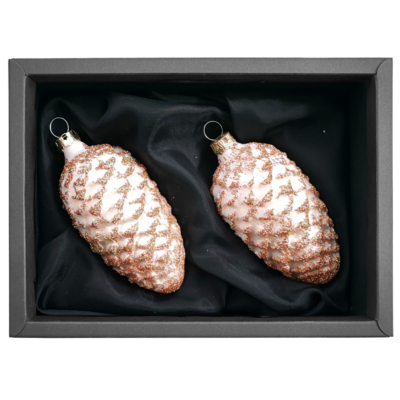 2er Set Zapfen aus Glas mit 6cm Durchmesser in Champagner matt und Glitter in schwarzem Naturkarton