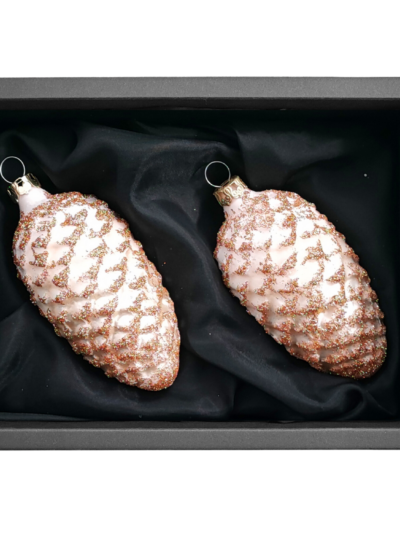 2er Set Zapfen aus Glas mit 6cm Durchmesser in Champagner matt und Glitter in schwarzem Naturkarton