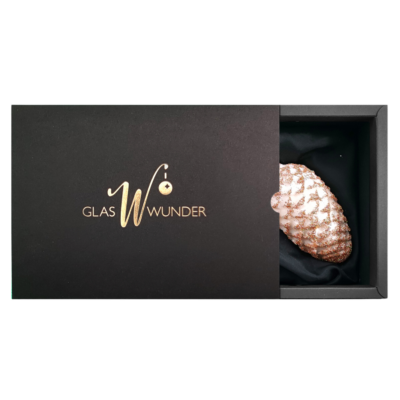 2er Set Zapfen aus Glas mit 6cm Durchmesser in Champagner matt und Glitter in schwarzer Verpackung mit goldenem GlasWunder Logo