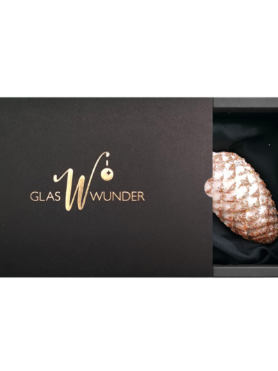 2er Set Zapfen aus Glas mit 6cm Durchmesser in Champagner matt und Glitter in schwarzer Verpackung mit goldenem GlasWunder Logo