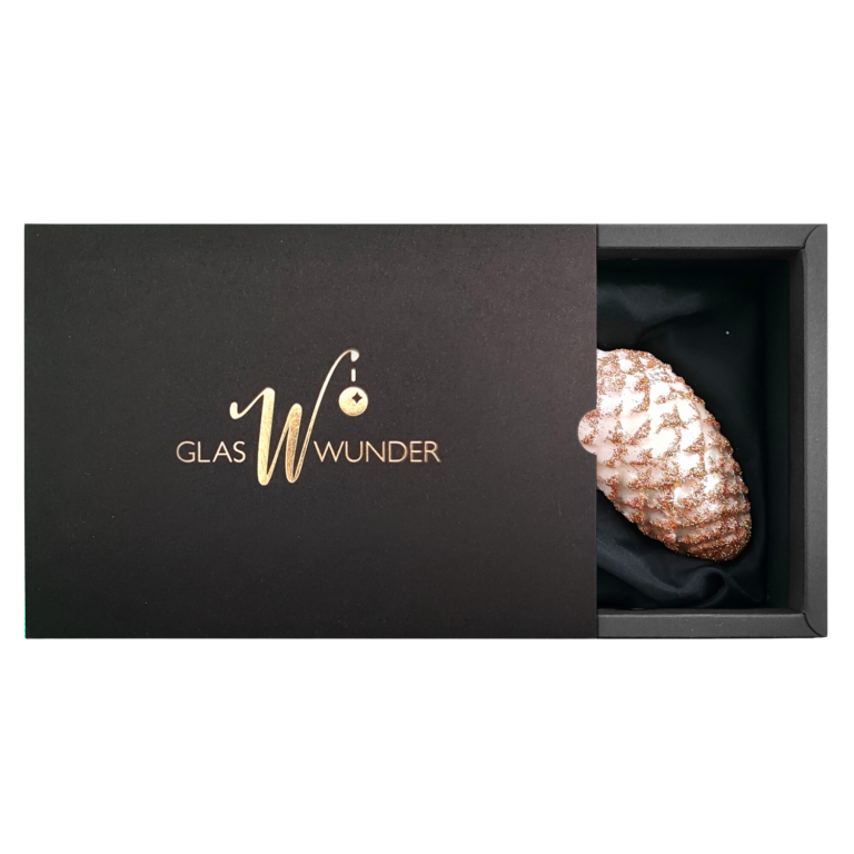 2er Set Zapfen aus Glas mit 6cm Durchmesser in Champagner matt und Glitter in schwarzer Verpackung mit goldenem GlasWunder Logo