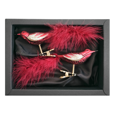 2er Set Vögelchen aus Glas mit 8cm Durchmesser in Marsalarot matt in schwarzem Naturkarton