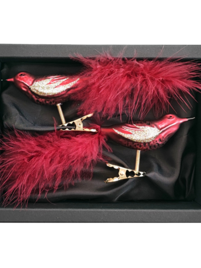 2er Set Vögelchen aus Glas mit 8cm Durchmesser in Marsalarot matt in schwarzem Naturkarton