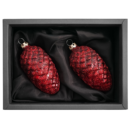 2er Set Zapfen aus Glas in Marsalarot matt mit Glitter 6cm Durchmesser in schwarzem Naturkarton