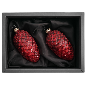 2er Set Zapfen aus Glas in Marsalarot matt mit Glitter 6cm Durchmesser in schwarzem Naturkarton