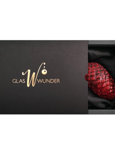 2er Set Zapfen aus Glas mit 6cm Durchmesser in Marsalarot matt und Glitter in schwarzer Verpackung mit goldenem GlasWunder Logo