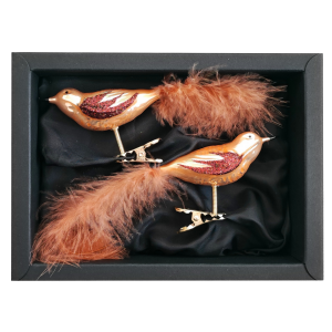 2er Set Vögelchen aus Glas mit 8cm Durchmesser in Caramel Opal in einem schwarzen Naturkarton