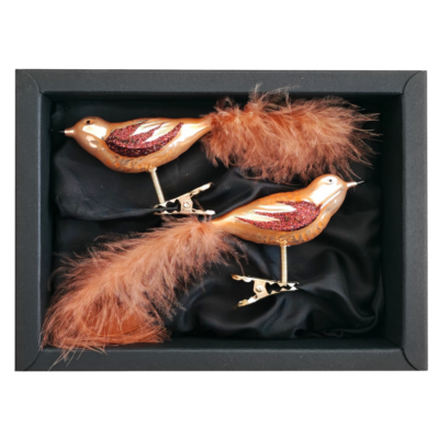 2er Set Vögelchen aus Glas mit 8cm Durchmesser in Caramel Opal in einem schwarzen Naturkarton