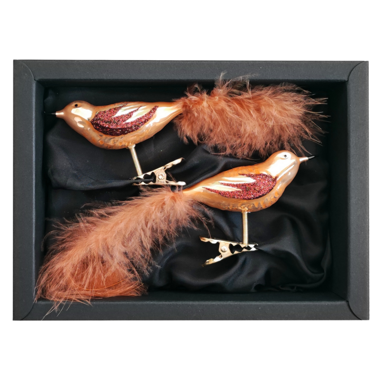 2er Set Vögelchen aus Glas mit 8cm Durchmesser in Caramel Opal in einem schwarzen Naturkarton