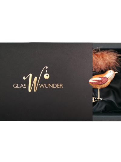 2er Set Vögelchen aus Glas in Caramel Opal mit 8cm Durchmesser in schwarzer Verpackung mit goldenem GlasWunder Logo