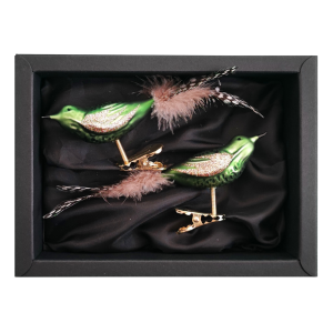 2er Set Vögelchen aus Glas mit 8cm Durchmesser in Moosgrün matt in einem schwarzen Naturkarton