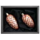 2er Set Zapfen aus Glas mit 6cm Durchmesser in Caramel Opal und Glitter in schwarzen Naturkarton