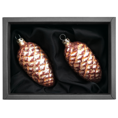 2er Set Zapfen aus Glas mit 6cm Durchmesser in Caramel Opal und Glitter in schwarzen Naturkarton