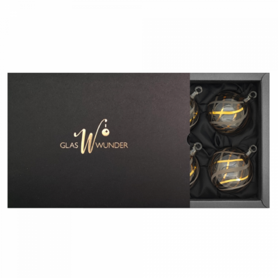 6er Set Christbaumkugel im transparenten Look und 24 Karat 6cm Glaskugel in einer schwarzen Verpackung mit goldenem GlasWunder Logo