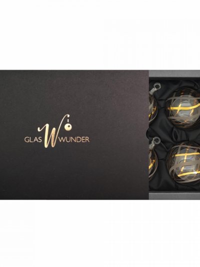 6er Set Christbaumkugel im transparenten Look und 24 Karat 6cm Glaskugel in einer schwarzen Verpackung mit goldenem GlasWunder Logo