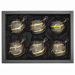 6cm Christbaumkugel aus Glas in einem 6er Set im schwarzen Naturkarton Glaskugel in einem transparenten Look mit 24 Karat