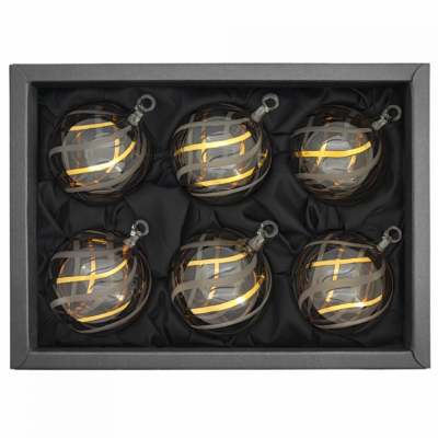 6cm Christbaumkugel aus Glas in einem 6er Set im schwarzen Naturkarton Glaskugel in einem transparenten Look mit 24 Karat