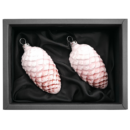 2er Set Zapfen aus Glas mit 6cm Durchmesser in einem zarten Rosa matt mit schwarzen Naturkarton