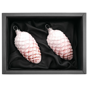 2er Set Zapfen aus Glas mit 6cm Durchmesser in einem zarten Rosa matt mit schwarzen Naturkarton