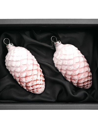 2er Set Zapfen aus Glas mit 6cm Durchmesser in einem zarten Rosa matt mit schwarzen Naturkarton