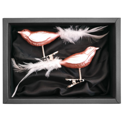 2er Set Vögelchen aus Glas mit 8cm Durchmesser in einem zarten Rosa matt mit schwarzem Naturkarton