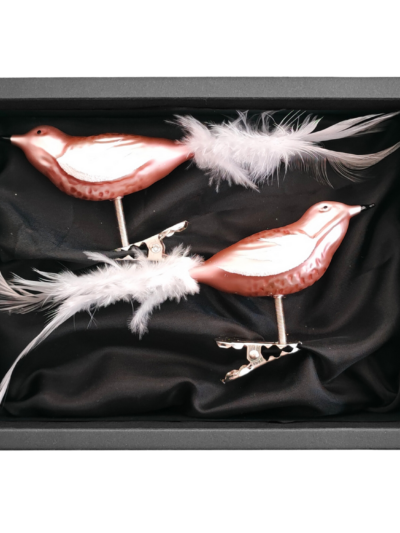 2er Set Vögelchen aus Glas mit 8cm Durchmesser in einem zarten Rosa matt mit schwarzem Naturkarton