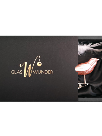 2er Set Vögelchen aus Glas mit 8cm Durchmesser in einem zarten rosa matt in einer schwarzen Verpackung mit goldenem GlasWunder Logo