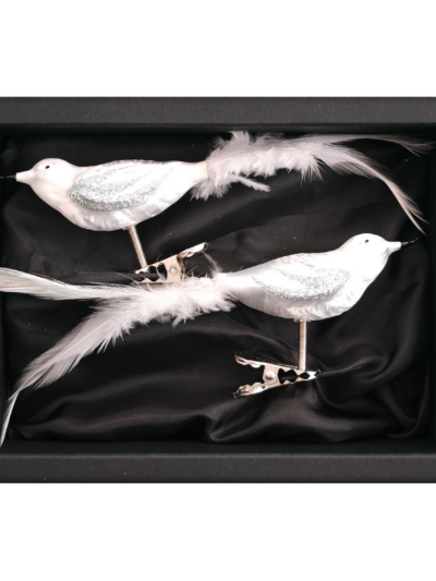 2er Set Vögelchen aus Glas mit 8cm Durchmesser im weißen Icing Design mit schwarem Naturkarton