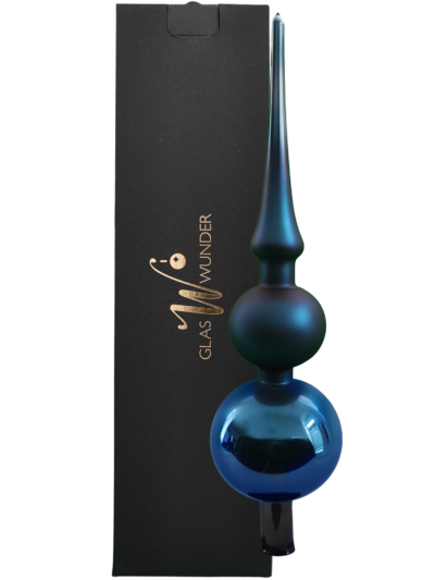 Christbaumspitze mit zwei Kugeln in Azurblau - verpackt in einer Mattschwarzen Verpackung