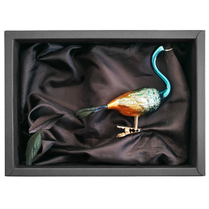 Christbaumschmuck 11cm Paradiesvogel aus Glas in glänzenden Azurblau mit schwarzem Naturkarton