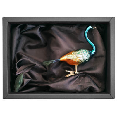 Christbaumschmuck 11cm Paradiesvogel aus Glas in glänzenden Azurblau mit schwarzem Naturkarton