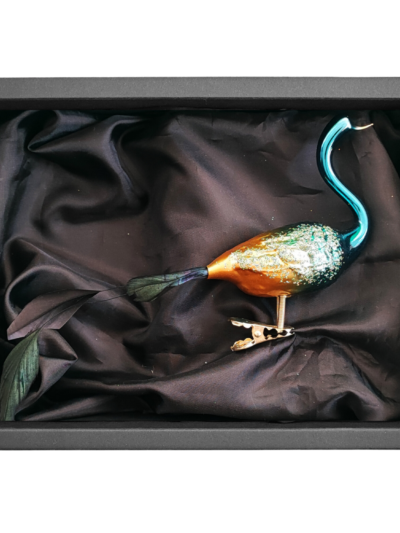 Christbaumschmuck 11cm Paradiesvogel aus Glas in glänzenden Azurblau mit schwarzem Naturkarton