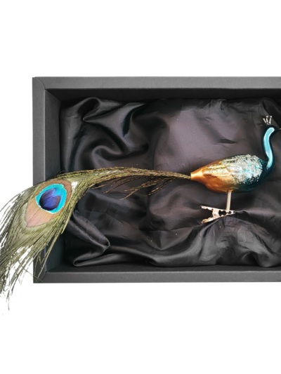 Christbaumschmuck 11cm Pfau aus Glas in Azurblau mit schwarzem Naturkarton