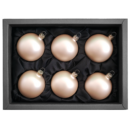 6er Set Christbaumkugeln aus Glas in einem matten Champagner mit 6cm Durchmesser in einem schwarzen Naturkarton