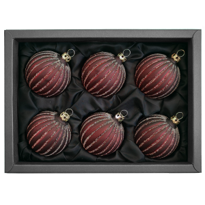 6er Set Christbaumkugeln aus Glas mit 6cm Durchmesser in einem transparenten Rotton und Glitzerrillen in einem schwarzen Naturkarton