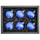 6er Set Christbaumkugeln aus Glas mit 6cm Durchmesser in einem dunklen Blauton und Icing-Design in einem schwarzen Naturkarton