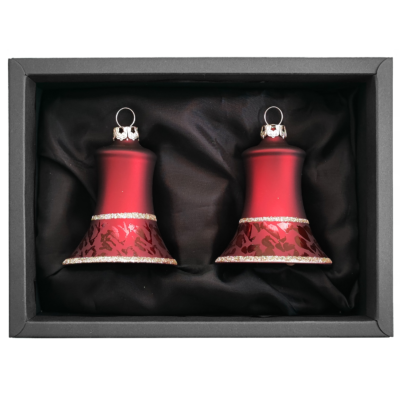 2er Set Christbaumglocken aus Glas mit 5cm Durchmesser in einem Marsalarot matt und Softeffekt in einem schwarzen Naturkarton