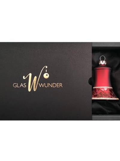 2er Set Christbaumglocken aus Glas mit 5cm Durchmesser in einem Marsalarot matt und Softeffekt in einer schwarzen Verpackung mit goldenem GlasWunder Logo