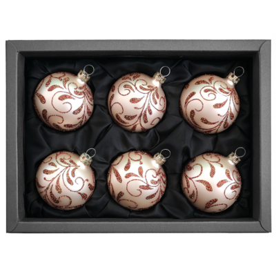 6er Set Christbaumkugeln aus Glas in einem Champagner matt, einem Blütendekor und 6cm Durchmesser. Kugeln sind in einem schwarzen Naturkarton