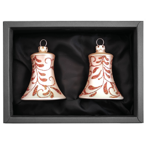 2er Set Christbaumglocken aus Glas in Champagner matt mit einem Blütendekor und 5cm Durchmesser. Glocken in einem schwarzen Naturkarton