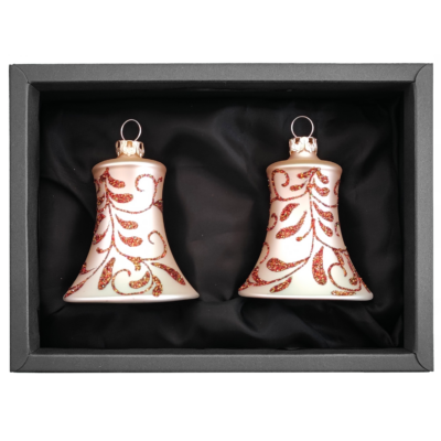 2er Set Christbaumglocken aus Glas in Champagner matt mit einem Blütendekor und 5cm Durchmesser. Glocken in einem schwarzen Naturkarton