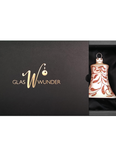 2er Set Christbaumglocken aus Glas in Champagner matt mit einem Blütendekor und 5cm Durchmesser. Glocken in einer schwarzen Verpackung und goldenem GlasWunder Logo