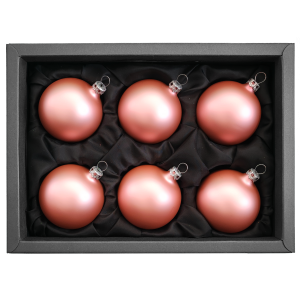 6er Set Christbaumkugeln aus Glas in einem matten Rosatraum mit 6cm Durchmessern in einem schwarzen Naturkarton