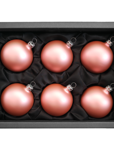 6er Set Christbaumkugeln aus Glas in einem matten Rosatraum mit 6cm Durchmessern in einem schwarzen Naturkarton