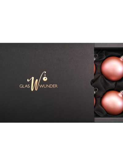 6er Set Christbaumkugeln aus Glas in einem matten Rosatraum mit 6cm Durchmesser in einer schwarzen Verpackung und goldenem GlasWunder Logo