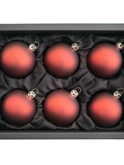 6er Set Christbaumkugeln aus Glas mit 6cm Durchmesser in Cappuccino matt in einem schwarzen Naturkarton