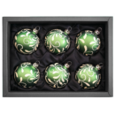 6er Set Christbaumkugeln aus Glas mit 6cm Durchmesser in Moosgrün matt und einem Blütenbouquet in einem schwarzen Naturkarton