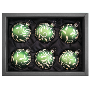 6er Set Christbaumkugeln aus Glas mit 6cm Durchmesser in Moosgrün matt und einem Blütenbouquet in einem schwarzen Naturkarton