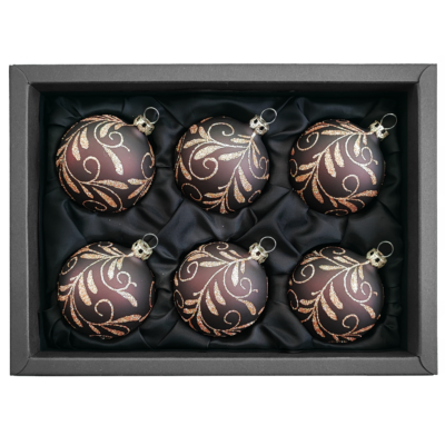 6er Set Christbaumkugeln aus Glas mit 6cm Durchmesser in Caramel Opal und einem Blütenbouquet in einem schwarzen Naturkarton